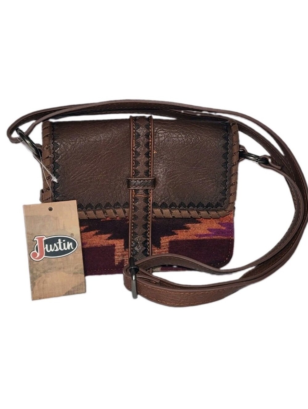 NWT Justin Crossbody Bag Purse Western Aztec Small Brown Stiched Leather Style
